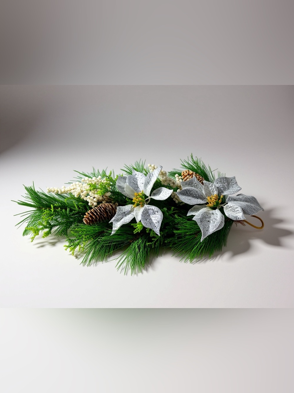 Holiday Pine Garland with Silver Poinsettias - Pinecone Accent - 23x13